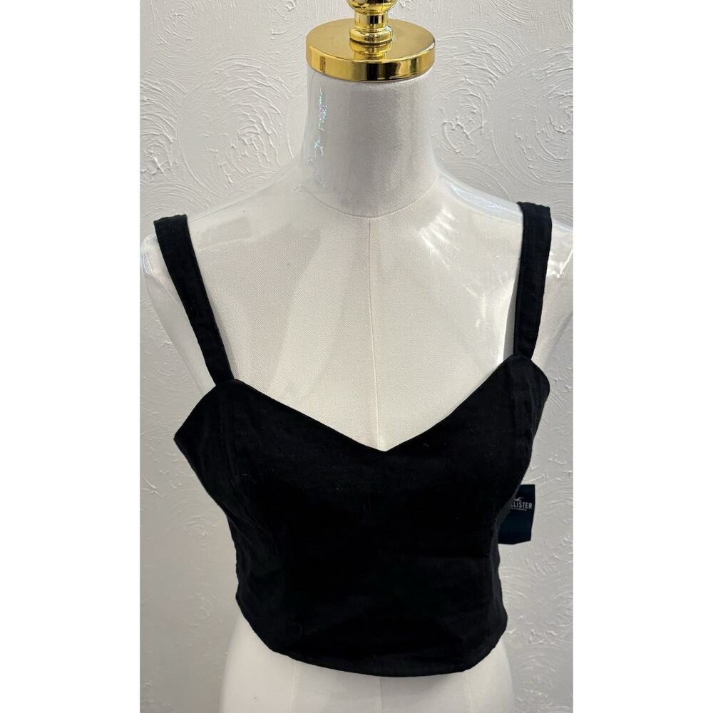 Hollister Black Cropped Linen Blend Tank Size Medium NWT Smocked Sweetheart Neck